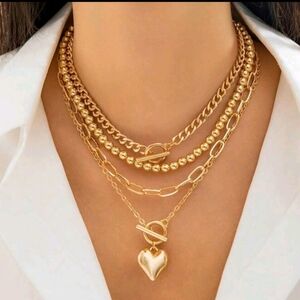 Goldtone Heart Pendant & Layered Chain  Necklace Set